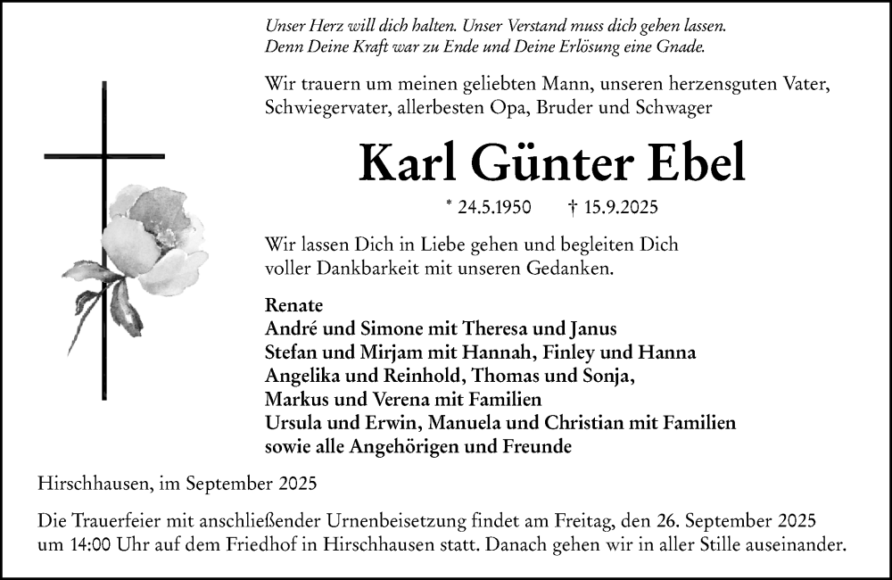  Traueranzeige für Karl Günter Ebel vom 20.09.2025 aus Weilburger Tageblatt