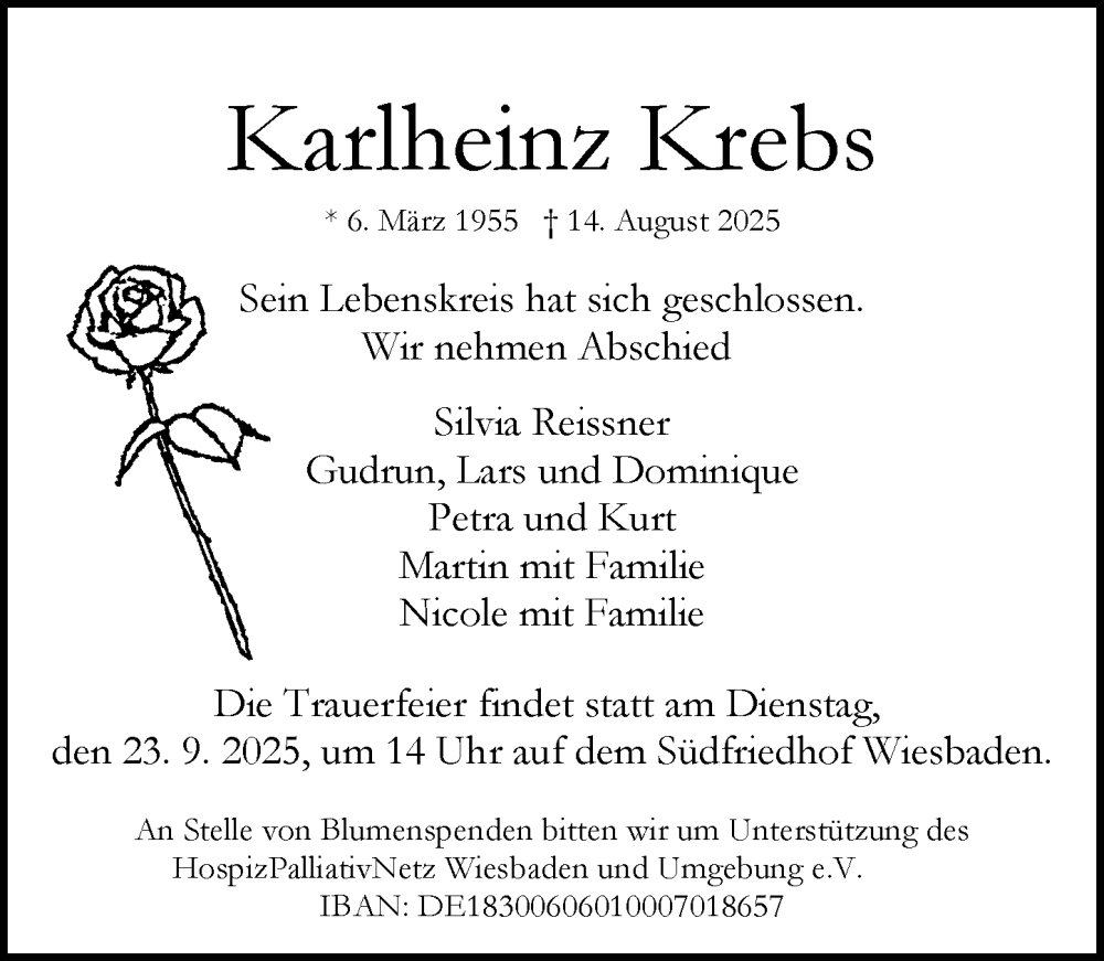  Traueranzeige für Karlheinz Krebs vom 20.09.2025 aus Wiesbadener Kurier