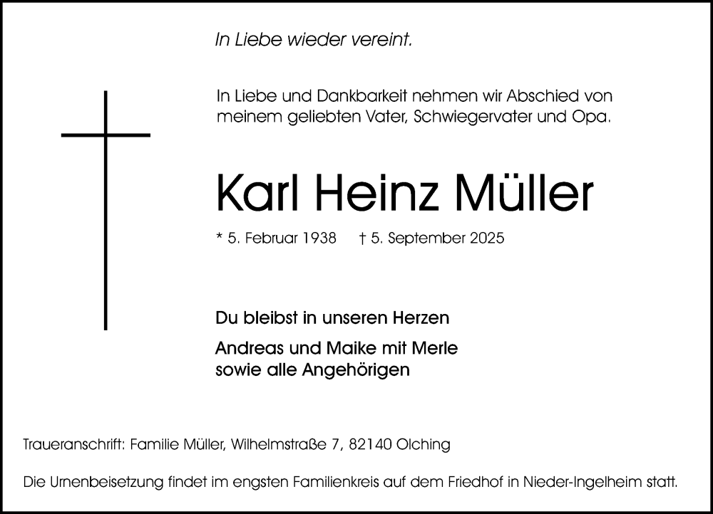  Traueranzeige für Karl Heinz Müller vom 13.09.2025 aus Allgemeine Zeitung Rheinhessen-Nahe