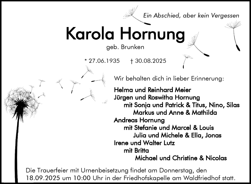  Traueranzeige für Karola Hornung vom 13.09.2025 aus Darmstädter Echo