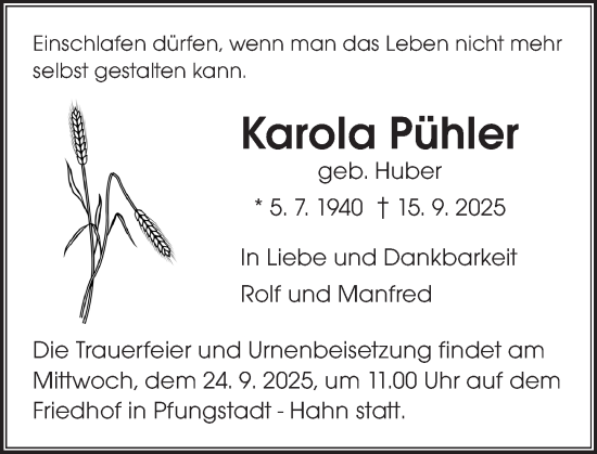 Traueranzeige von Karola Pühler von Darmstädter Echo