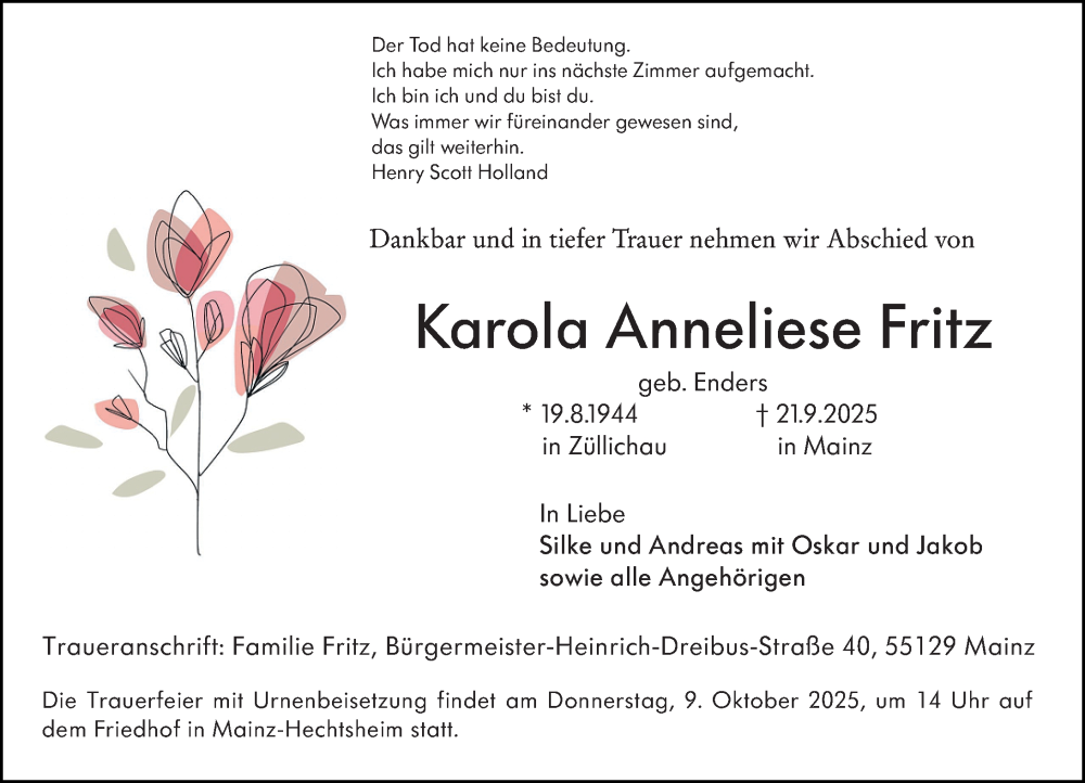  Traueranzeige für Karola Anneliese Fritz vom 26.09.2025 aus Hochheimer Zeitung