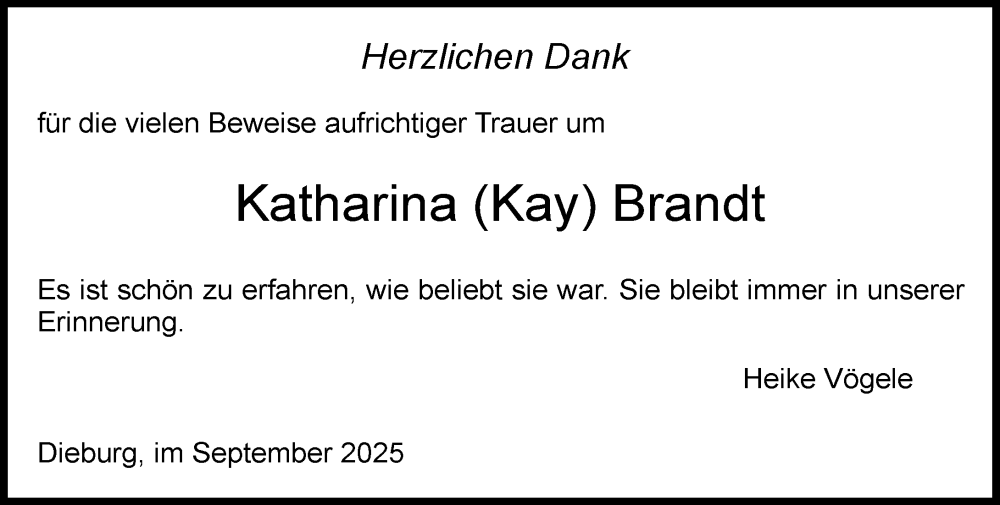  Traueranzeige für Katharina Brandt vom 13.09.2025 aus Dieburger Anzeiger/Groß-Zimmerner Lokal-Anzeiger
