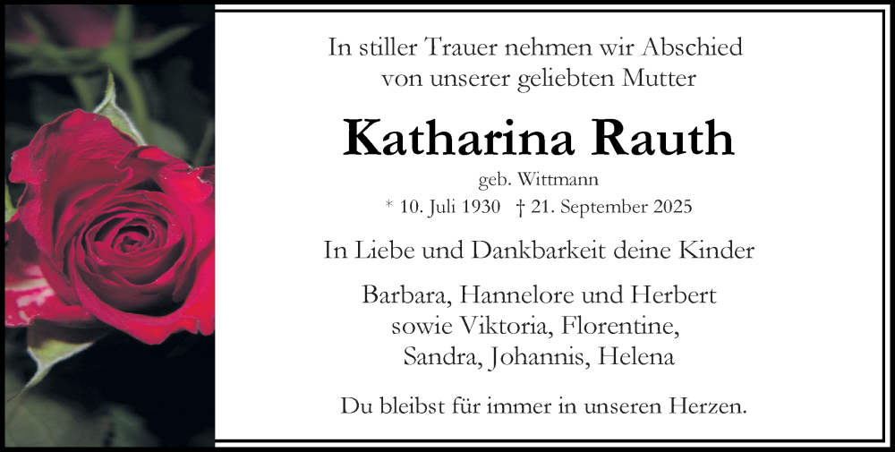  Traueranzeige für Katharina Rauth vom 27.09.2025 aus Wiesbadener Kurier