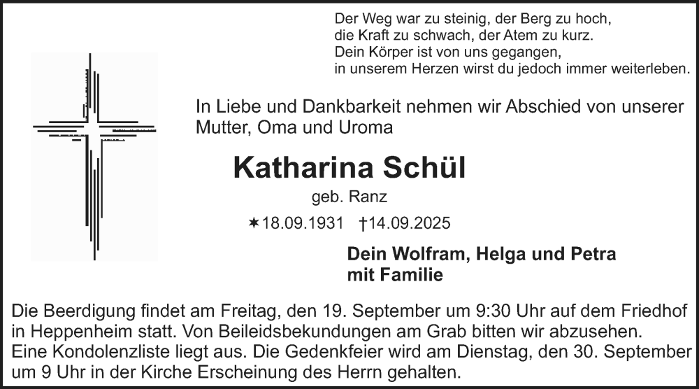  Traueranzeige für Katharina Schül vom 18.09.2025 aus Starkenburger Echo