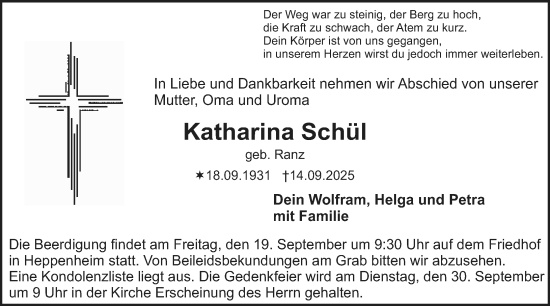 Traueranzeige von Katharina Schül von Starkenburger Echo