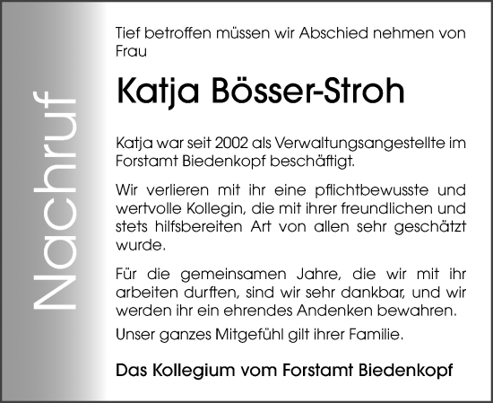 Traueranzeige von Katja Bösser-Stroh von Hinterländer Anzeiger
