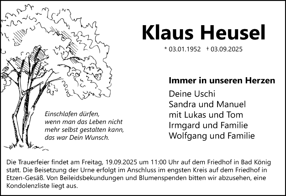  Traueranzeige für Klaus Heusel vom 13.09.2025 aus Odenwälder Echo
