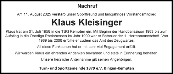 Traueranzeige von Klaus Kleisinger von Binger-/Ingelheimer Wochenblatt
