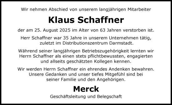 Traueranzeige von Klaus Schaffner von Darmstädter Echo
