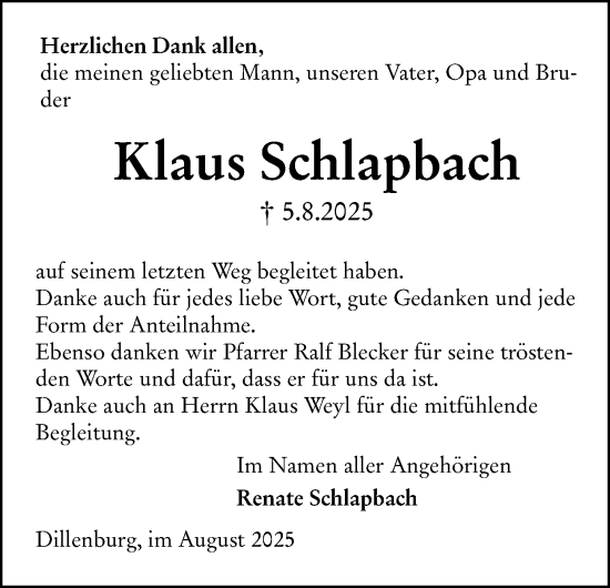 Traueranzeige von Klaus Schlapbach von Dill Block