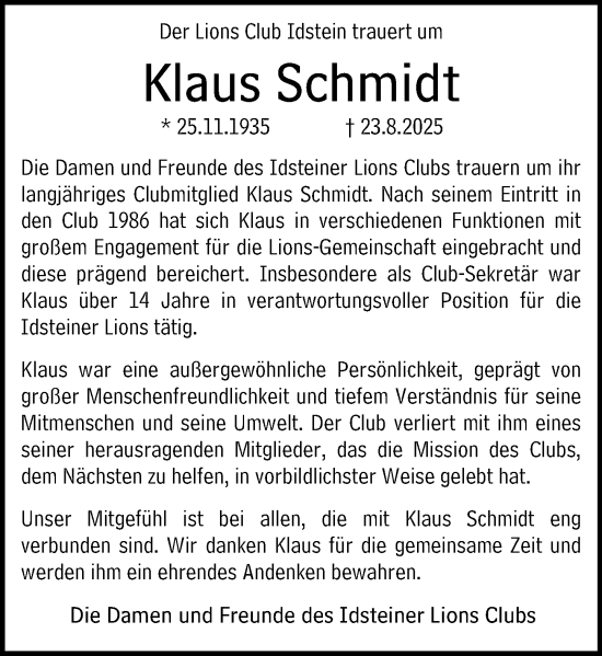 Traueranzeige von Klaus Schmidt von Idsteiner Land/Untertaunus