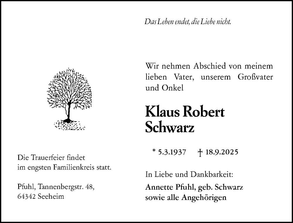  Traueranzeige für Klaus Robert Schwarz vom 27.09.2025 aus Darmstädter Echo