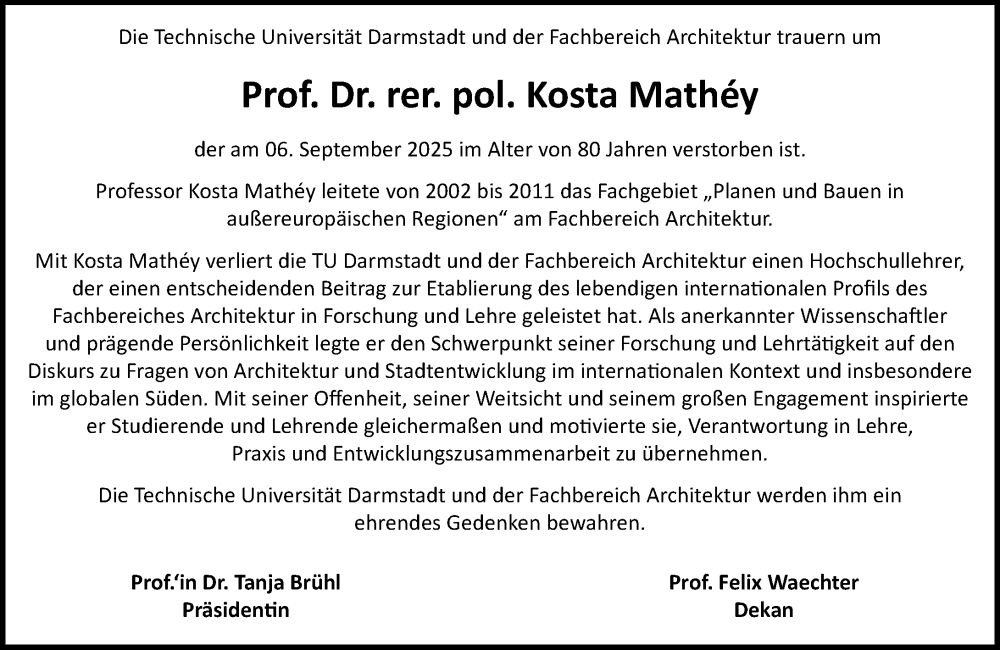  Traueranzeige für Kosta Mathéy vom 13.09.2025 aus Darmstädter Echo