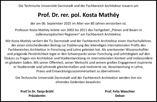 Traueranzeige von Kosta Mathéy von Darmstädter Echo
