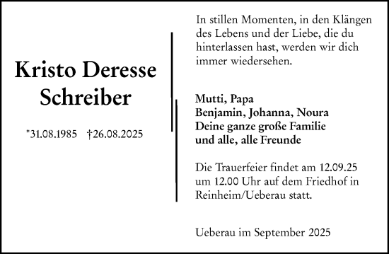 Traueranzeige von Kristo  Deresse Schreiber von Darmstädter Echo