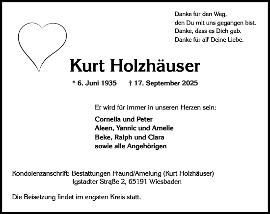Traueranzeige von Kurt Holzhäuser von Wiesbadener Kurier