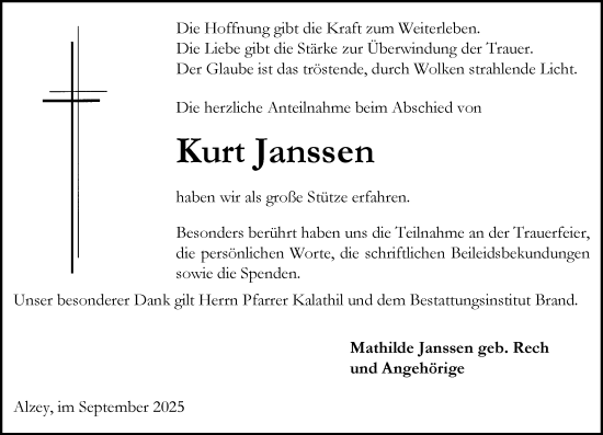 Traueranzeige von Kurt Janssen von Allgemeine Zeitung Alzey