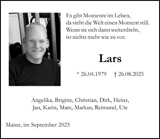 Traueranzeige von Lars Wessel von Allgemeine Zeitung Mainz