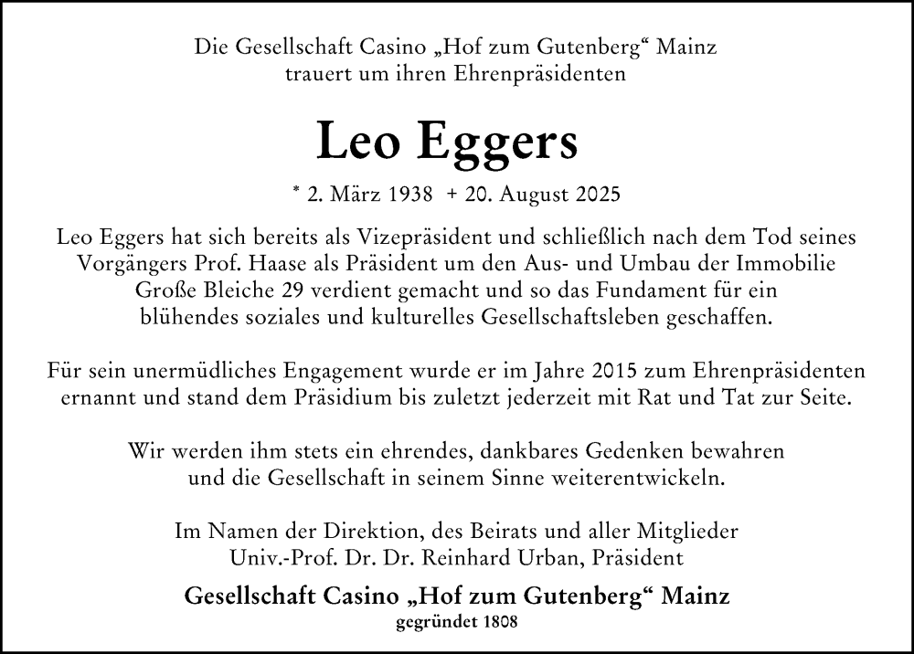  Traueranzeige für Leo Eggers vom 06.09.2025 aus Allgemeine Zeitung Mainz