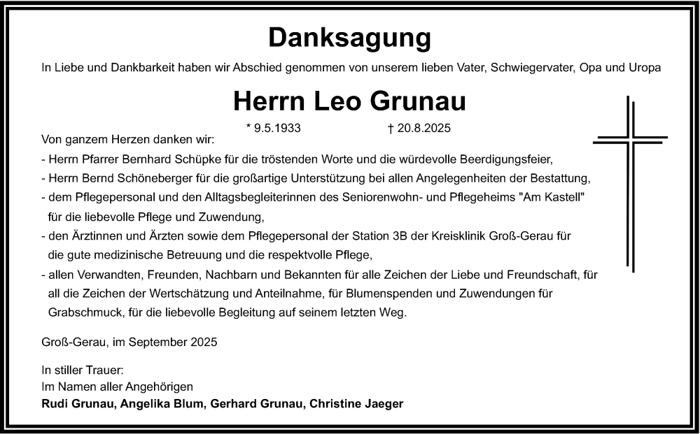  Traueranzeige für Leo Grunau vom 13.09.2025 aus Groß-Gerauer Echo