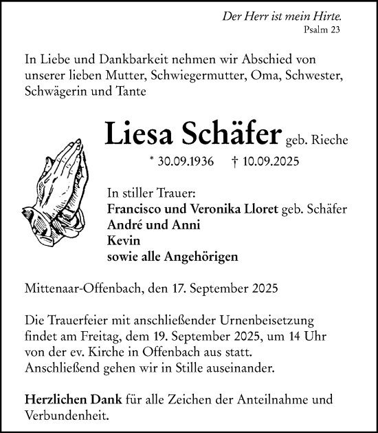Traueranzeige von Liesa Schäfer von Dill Block