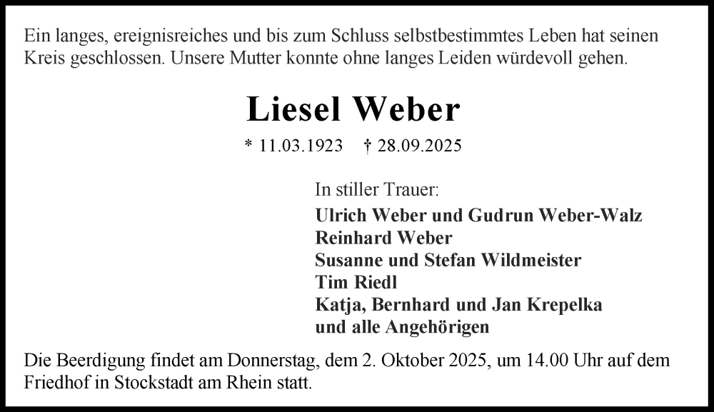  Traueranzeige für Liesel Weber vom 30.09.2025 aus Rüsselsheimer Echo