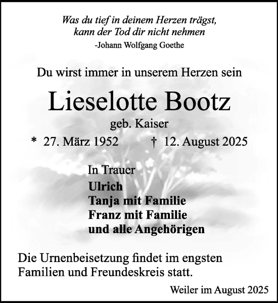 Traueranzeige von Lieselotte Bootz von Allgemeine Zeitung Rheinhessen-Nahe