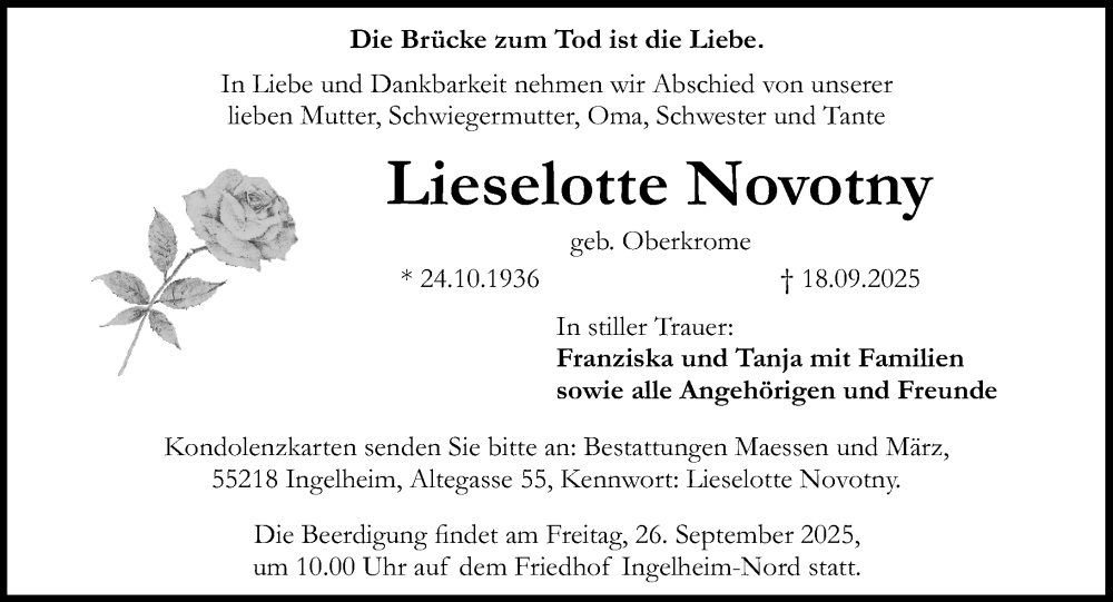  Traueranzeige für Lieselotte Novotny vom 20.09.2025 aus Allgemeine Zeitung Rheinhessen-Nahe