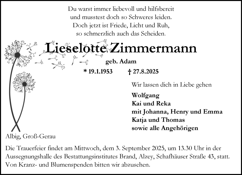 Traueranzeige für Lieselotte Zimmermann vom 30.08.2025 aus Allgemeine Zeitung Alzey