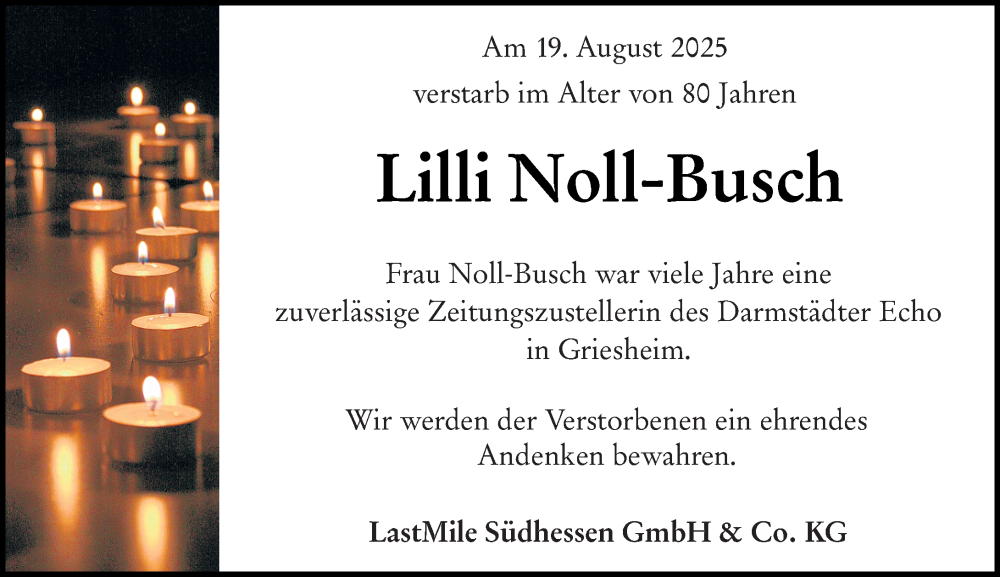  Traueranzeige für Lilli Noll-Busch vom 30.08.2025 aus Darmstädter Echo