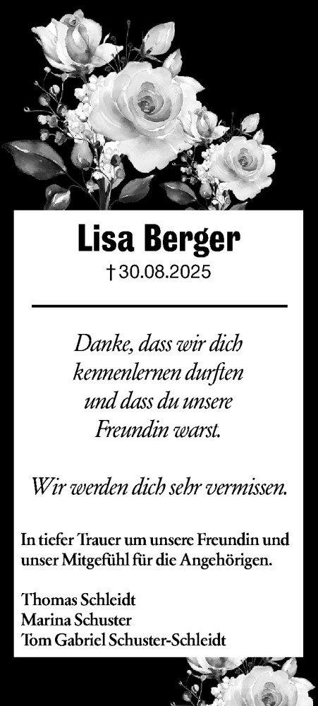  Traueranzeige für Lisa Berger vom 03.09.2025 aus Rüsselsheimer Echo