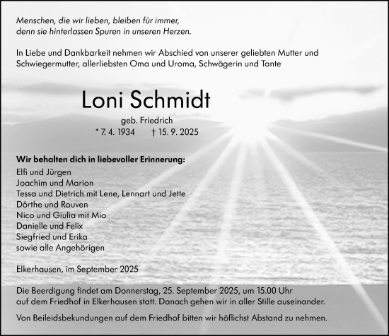 Traueranzeige von Loni Schmidt von Weilburger Tageblatt