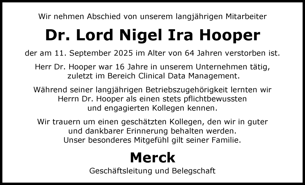  Traueranzeige für Lord Nigel Ira Hooper vom 26.09.2025 aus Darmstädter Echo