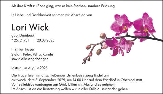 Traueranzeige von Lori Wick von Idsteiner Land/Untertaunus