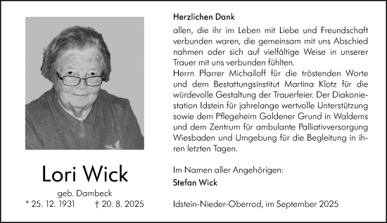 Traueranzeige von Lori Wick von Idsteiner Land/Untertaunus