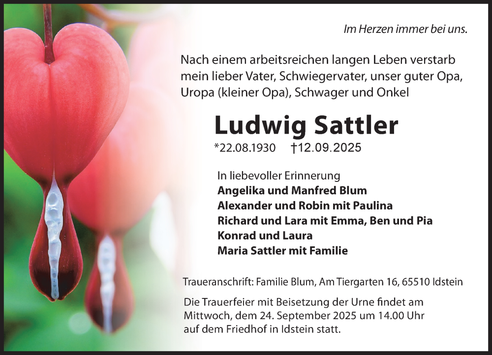  Traueranzeige für Ludwig Sattler vom 20.09.2025 aus Idsteiner Land/Untertaunus