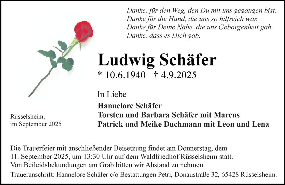  Traueranzeige für Ludwig Schäfer vom 10.09.2025 aus Rüsselsheimer Echo