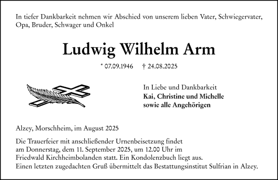 Traueranzeige von Ludwig Wilhelm Arm von Allgemeine Zeitung Alzey