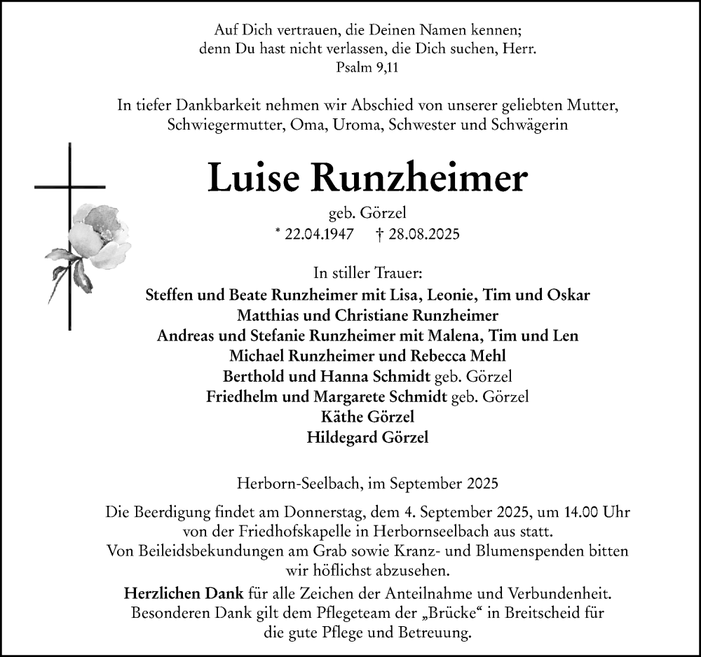  Traueranzeige für Luise Runzheimer vom 02.09.2025 aus Dill Block