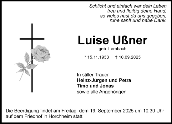 Traueranzeige von Luise Ußner von Wormser Zeitung