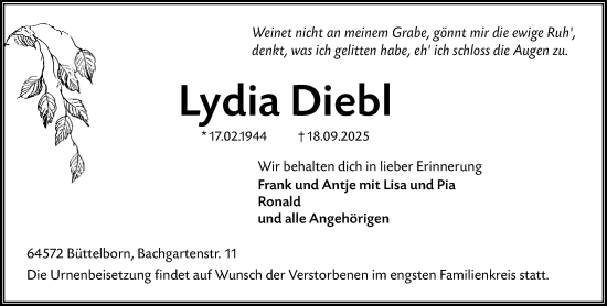 Traueranzeige von Lydia Diebl von Groß-Gerauer Echo