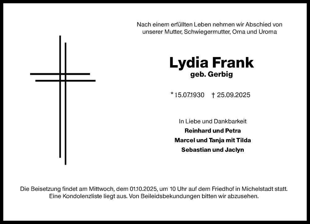  Traueranzeige für Lydia Frank vom 27.09.2025 aus Odenwälder Echo