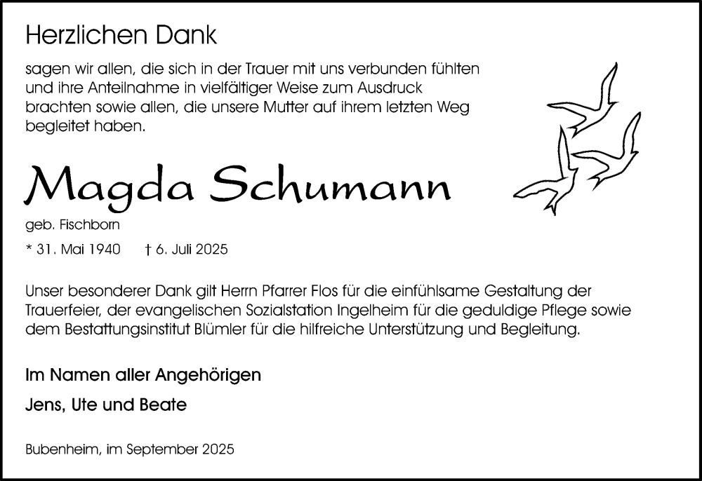  Traueranzeige für Magda Schumann vom 06.09.2025 aus Allgemeine Zeitung Rheinhessen-Nahe