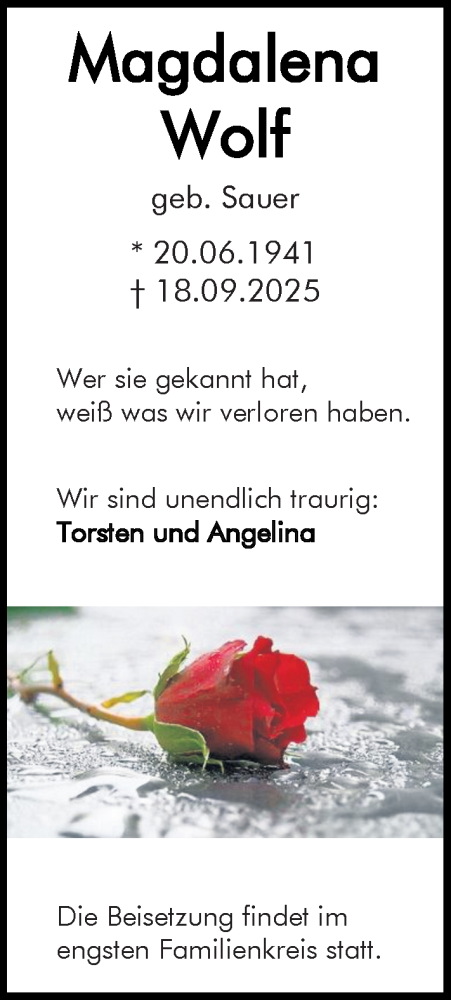  Traueranzeige für Magdalena Wolf vom 27.09.2025 aus Allgemeine Zeitung Mainz