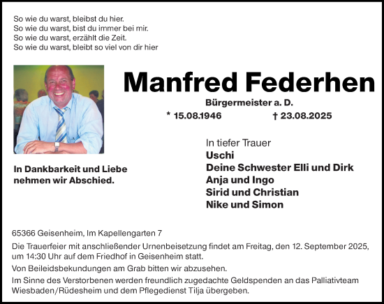 Traueranzeige von Manfred Federhen von Wiesbadener Kurier