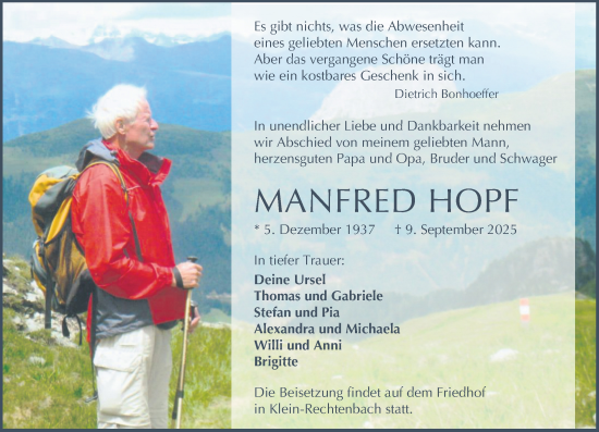 Traueranzeige von Manfred Hopf von Wetzlarer Neue Zeitung