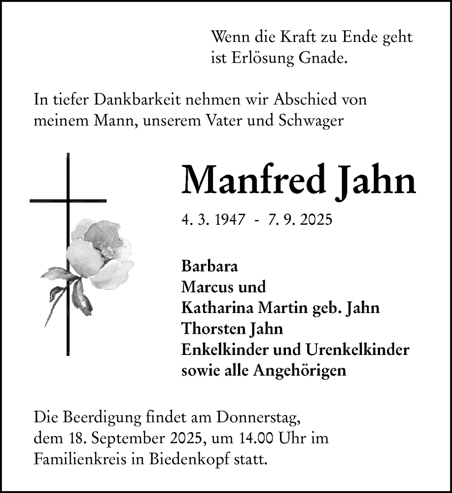  Traueranzeige für Manfred Jahn vom 15.09.2025 aus Hinterländer Anzeiger