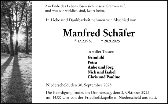 Traueranzeige von Manfred Schäfer von Dill Block