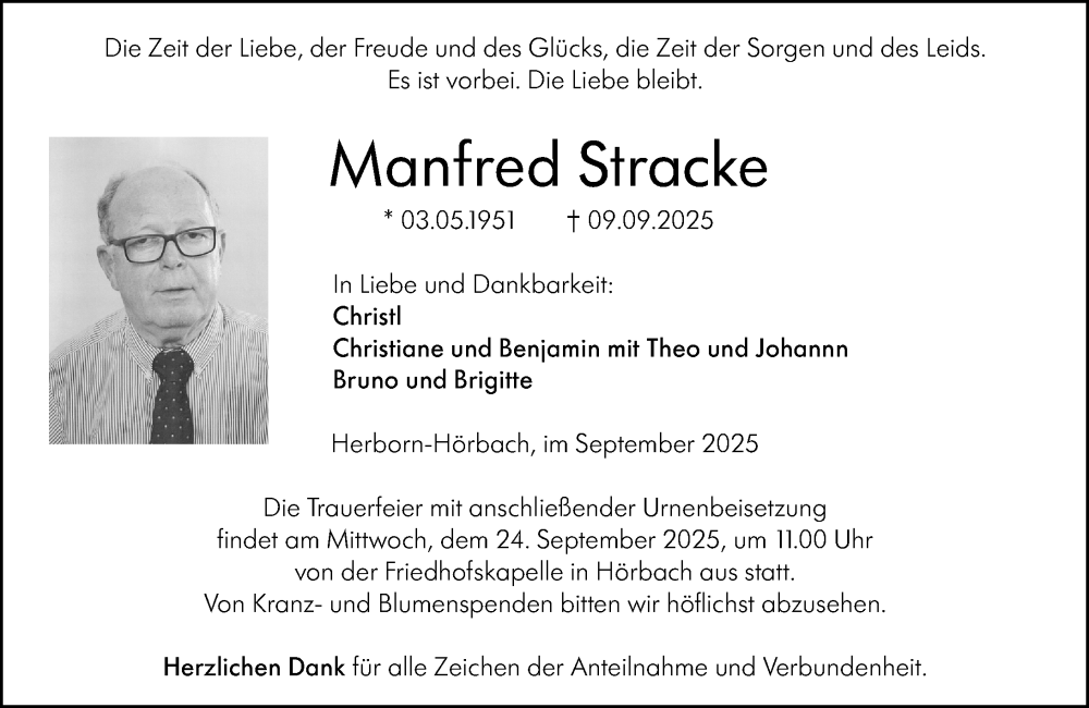  Traueranzeige für Manfred Stracke vom 19.09.2025 aus Dill Block